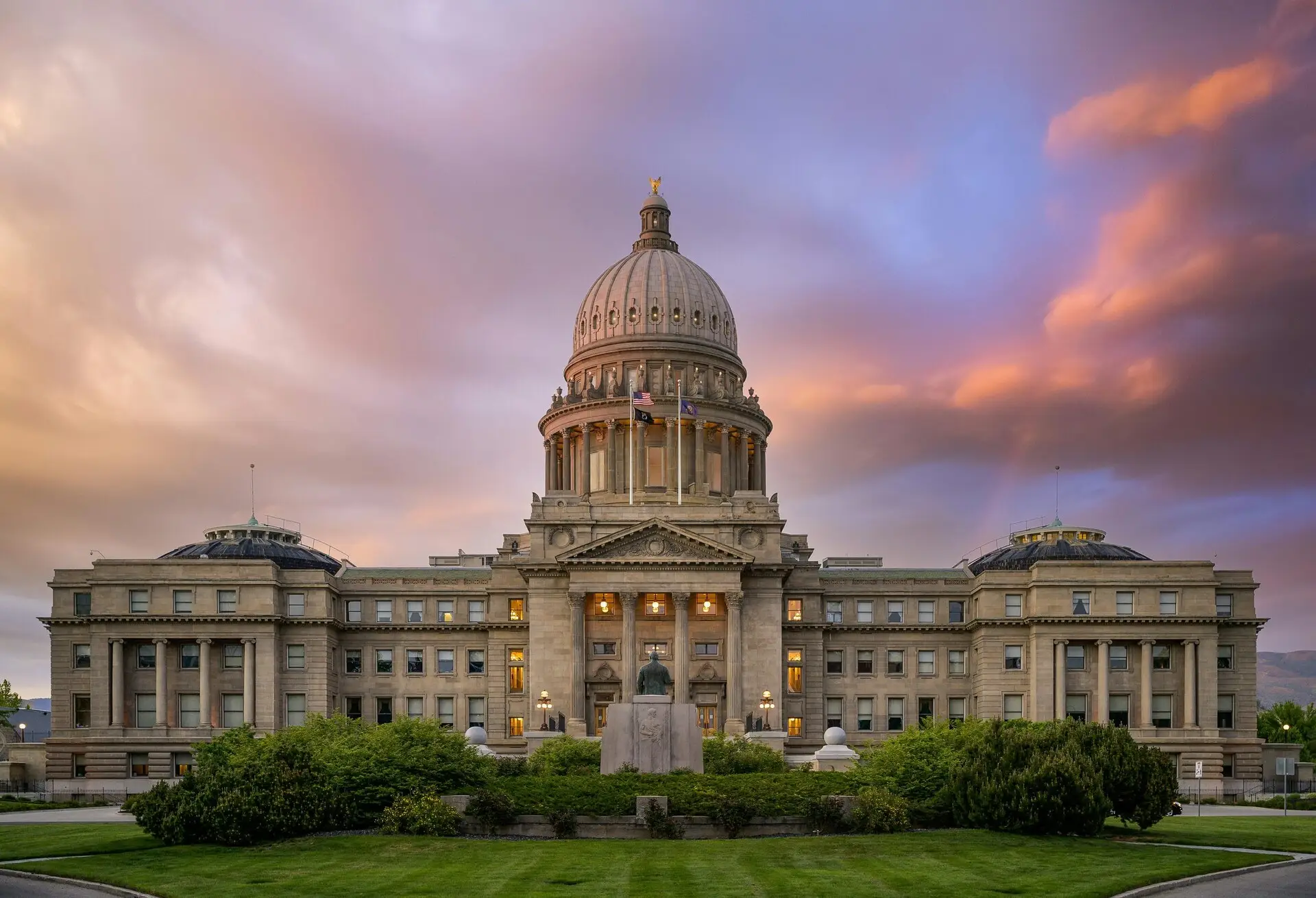 Idaho State Capitol building in Boise at sunset